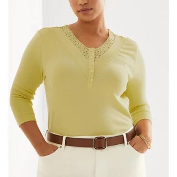 Ralph Lauren Lace Trim Top Women's Petite Size S Yellow 3/4 Sleeves - Picture 1 of 10